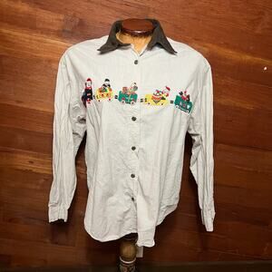 VINTAGE 80s Christmas Button Up Corduroy Collar Cottagecore Pinstripe Size L